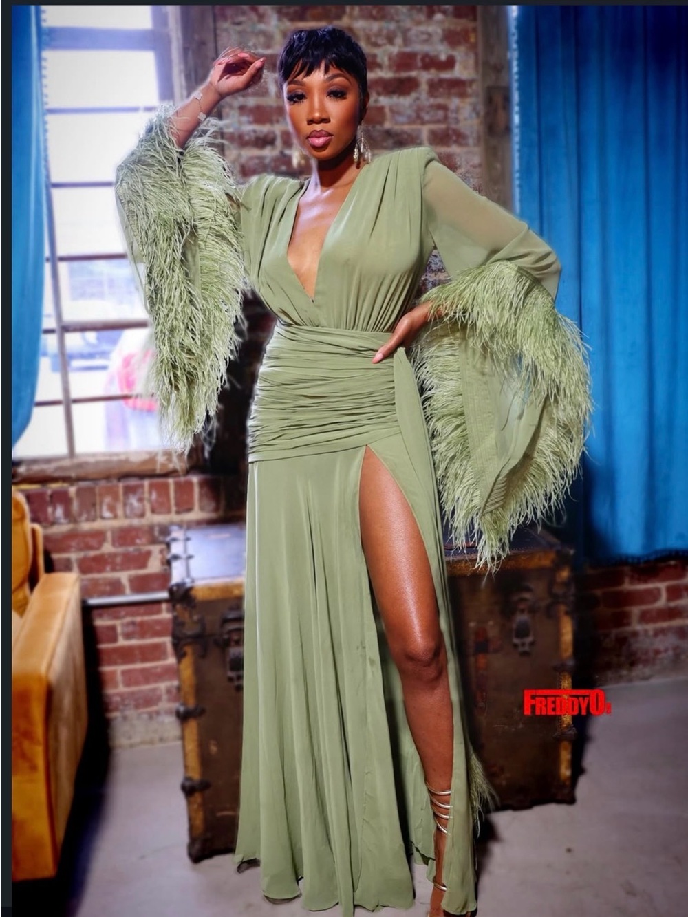 Bronx and Banco Revolve FWRD Geisha Ostrich Feather Gown Sage Green RARE - Picture 4 of 6